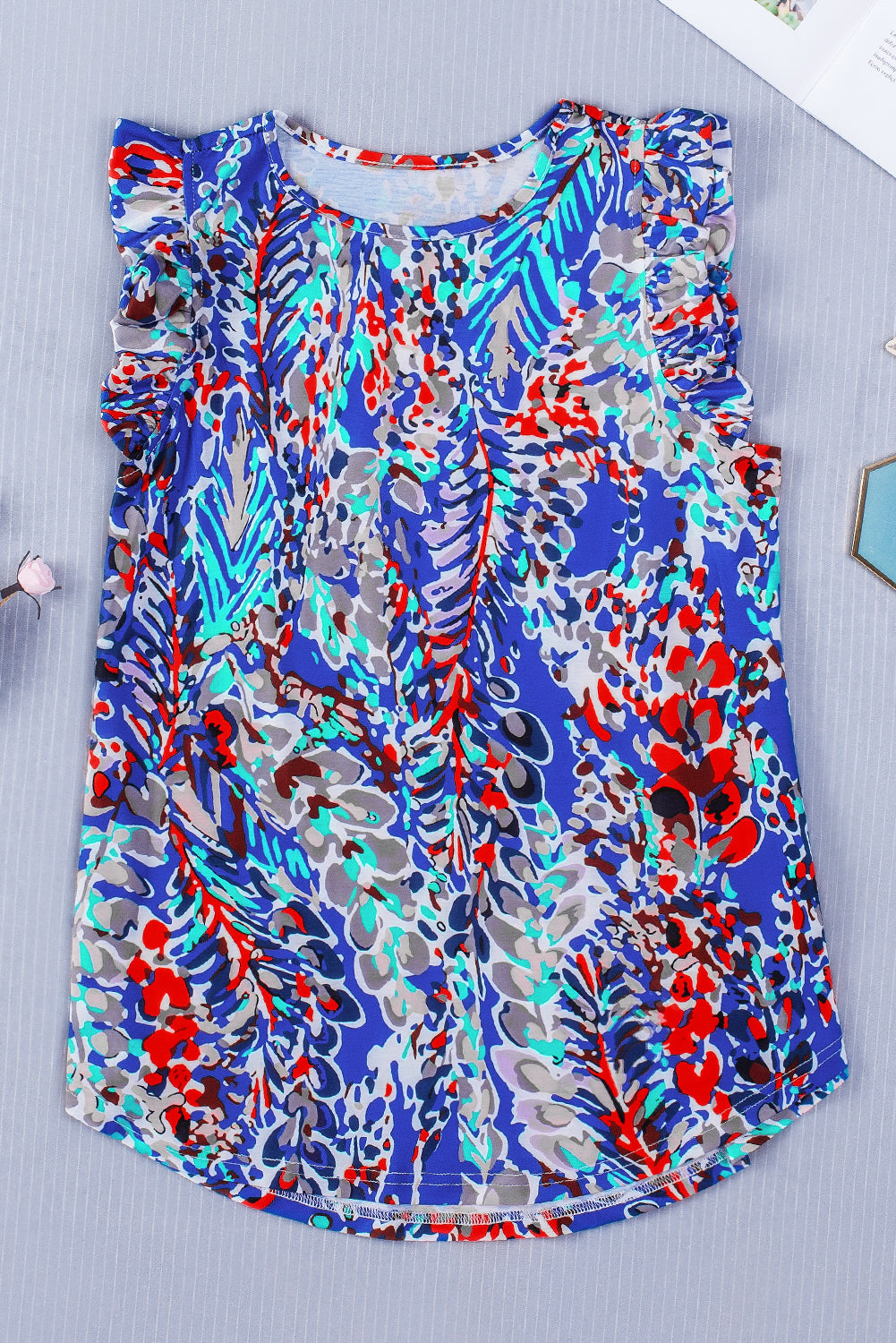 Rosy Boho Abstract Print Color Block Ruffle Babydoll Sleeveless Shirt