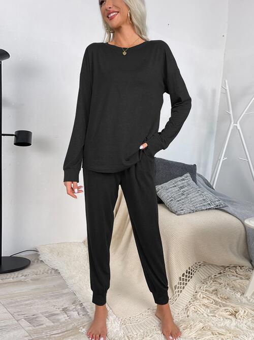 Drawstring Pants and Round Neck Top Lounge Set