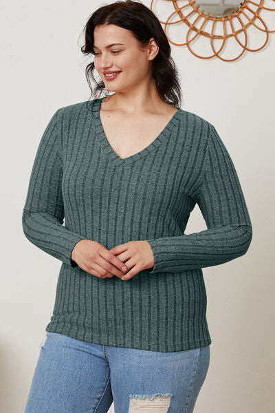 Basic Bae Full Size Ribbed V Neck Long Sleeve Tee Shirt
