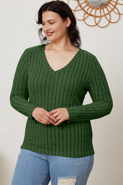 Basic Bae Full Size Ribbed V Neck Long Sleeve Tee Shirt