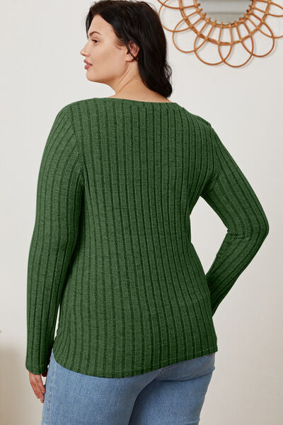 Basic Bae Full Size Ribbed V Neck Long Sleeve Tee Shirt