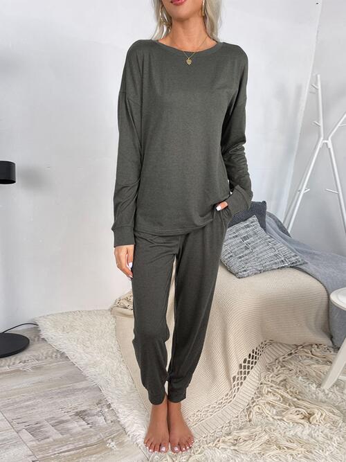Drawstring Pants and Round Neck Top Lounge Set