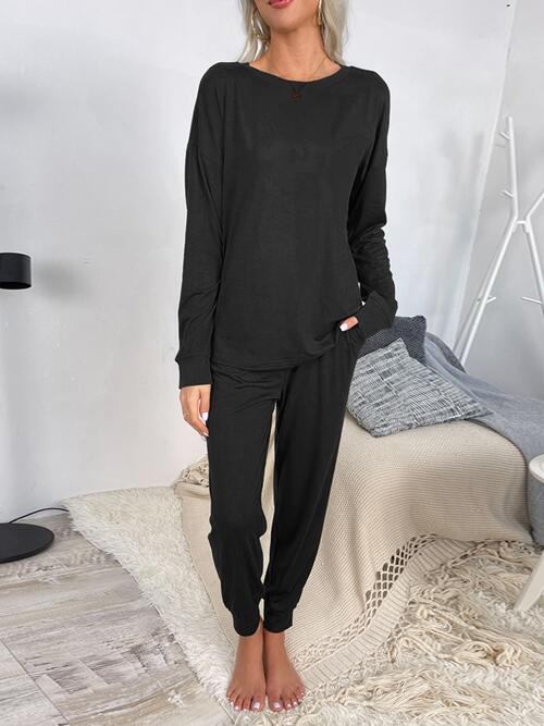 Drawstring Pants and Round Neck Top Lounge Set