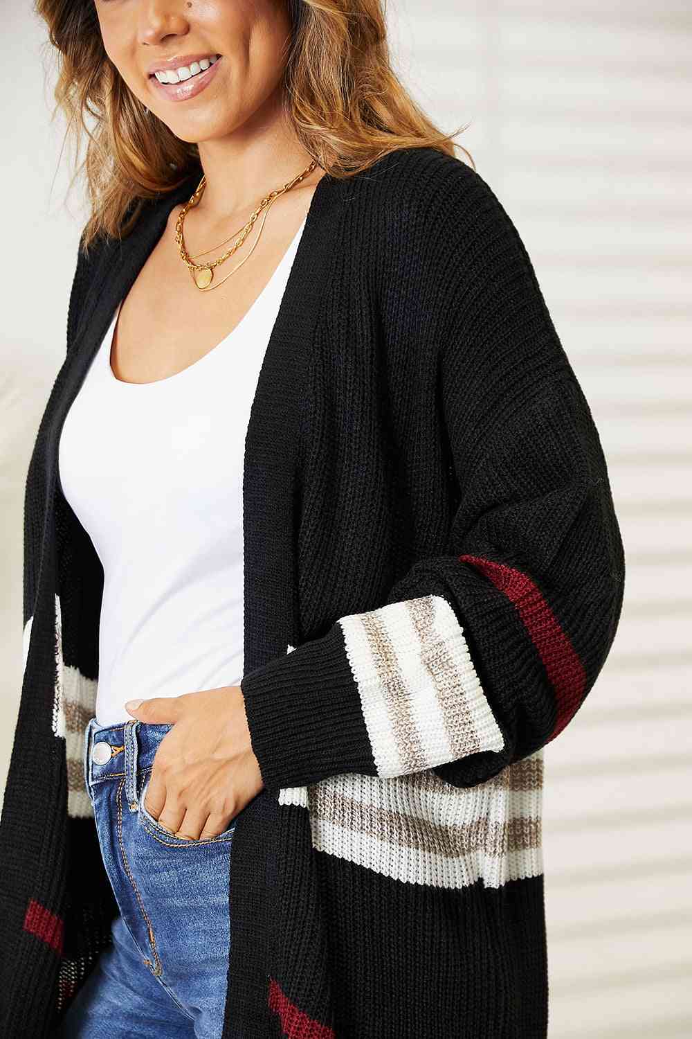 Double Take Striped Rib Knit Drop Shoulder Cardigan
