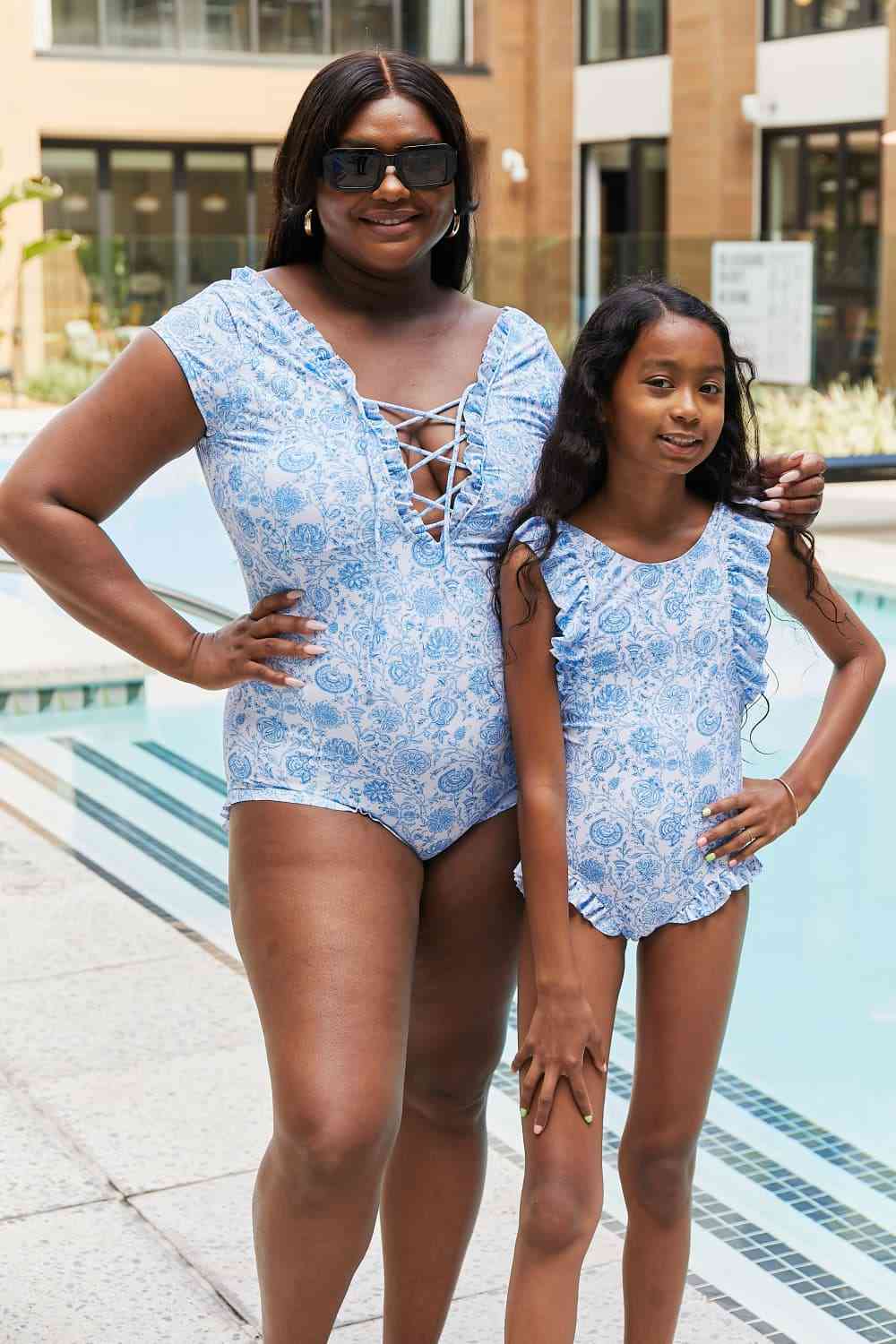 Floral Elegance V-Neck One Piece in Thistle Blue
