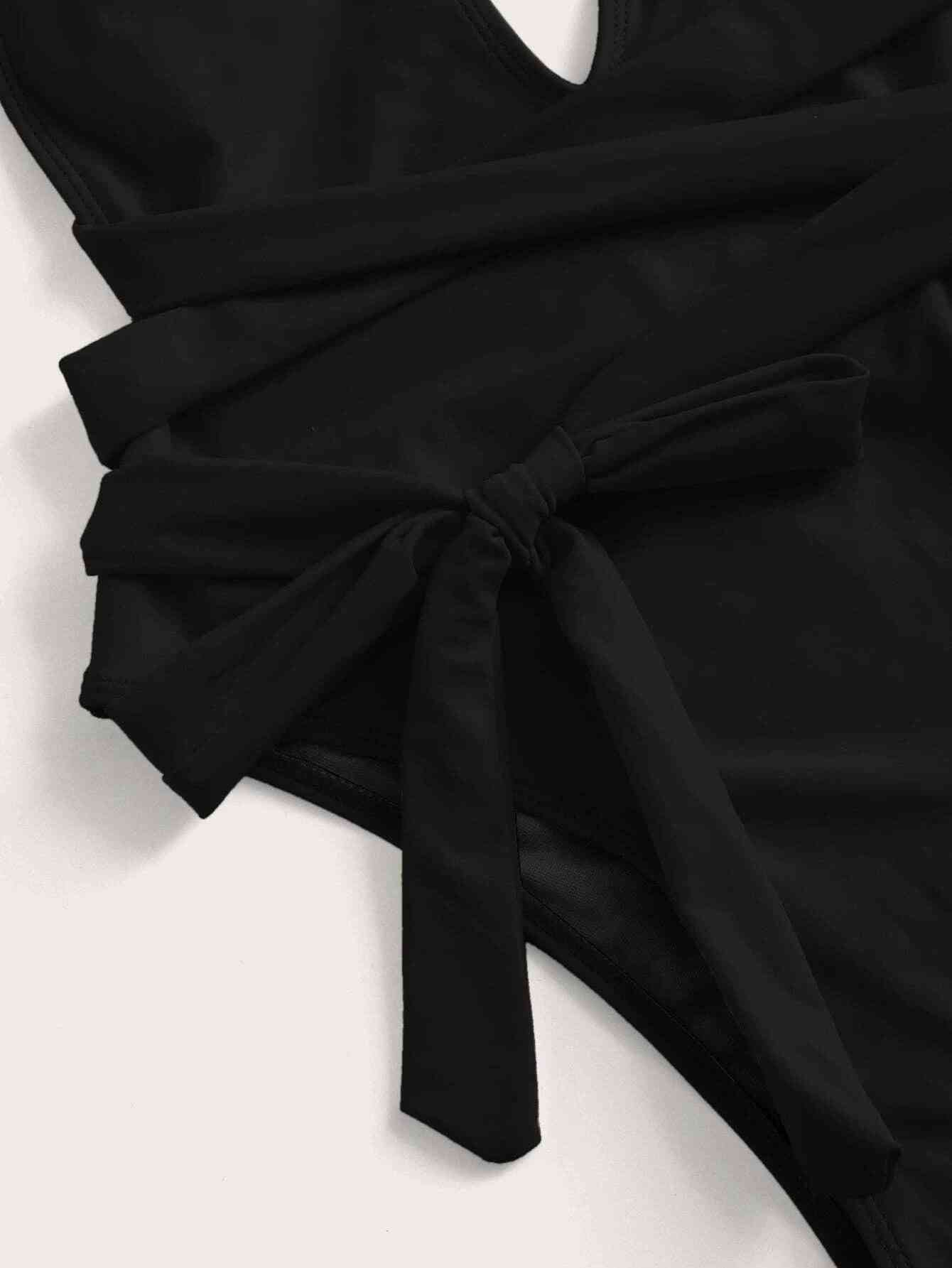 Halter Neck Deep V Tied One Piece Swimsuit