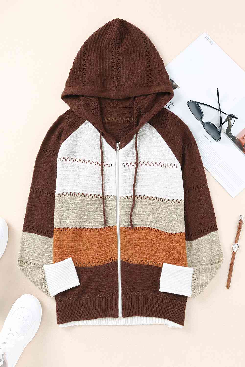 Zip Up Raglan Sleeve Openwork Hooded Cardigan