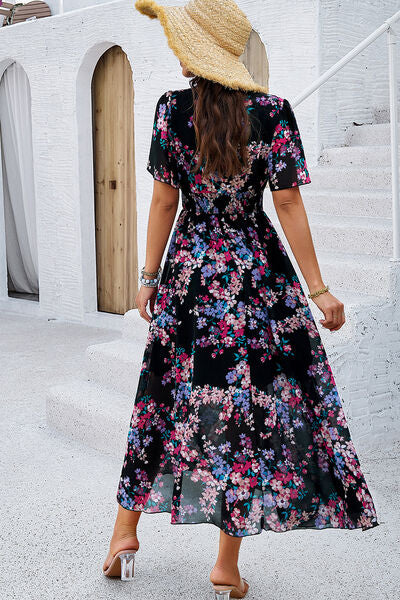Smocked Floral V Neck Short Sleeve Dress