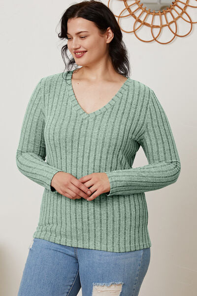 Basic Bae Full Size Ribbed V Neck Long Sleeve Tee Shirt