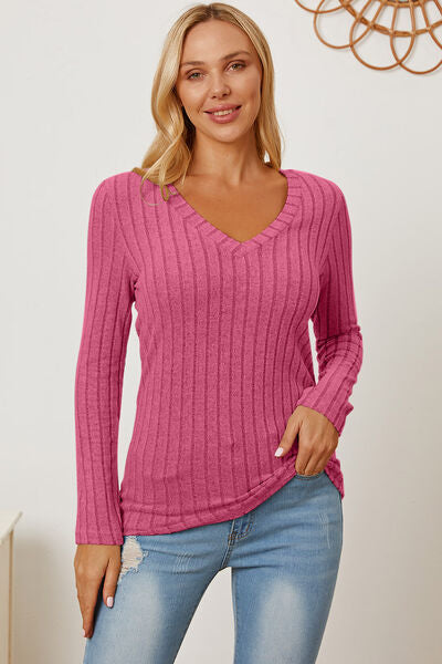 Basic Bae Full Size Ribbed V Neck Long Sleeve Tee Shirt