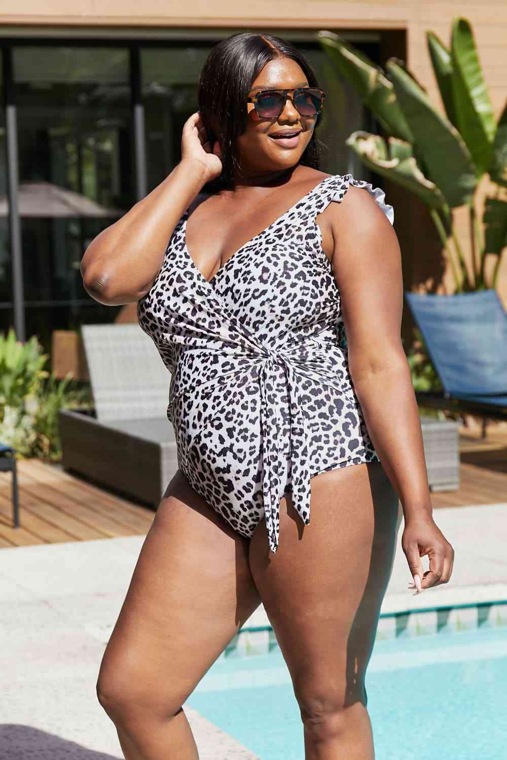 Marina West Float On Ruffle Faux Wrap One Piece in Cat