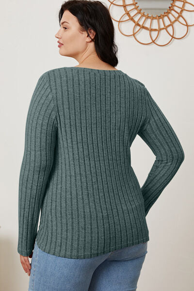 Basic Bae Full Size Ribbed V Neck Long Sleeve Tee Shirt