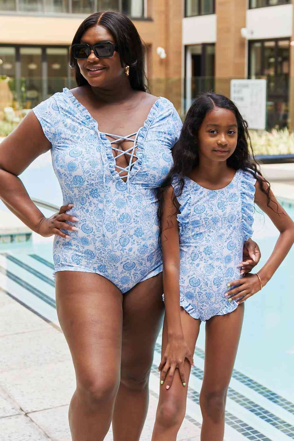 Floral Elegance V-Neck One Piece in Thistle Blue