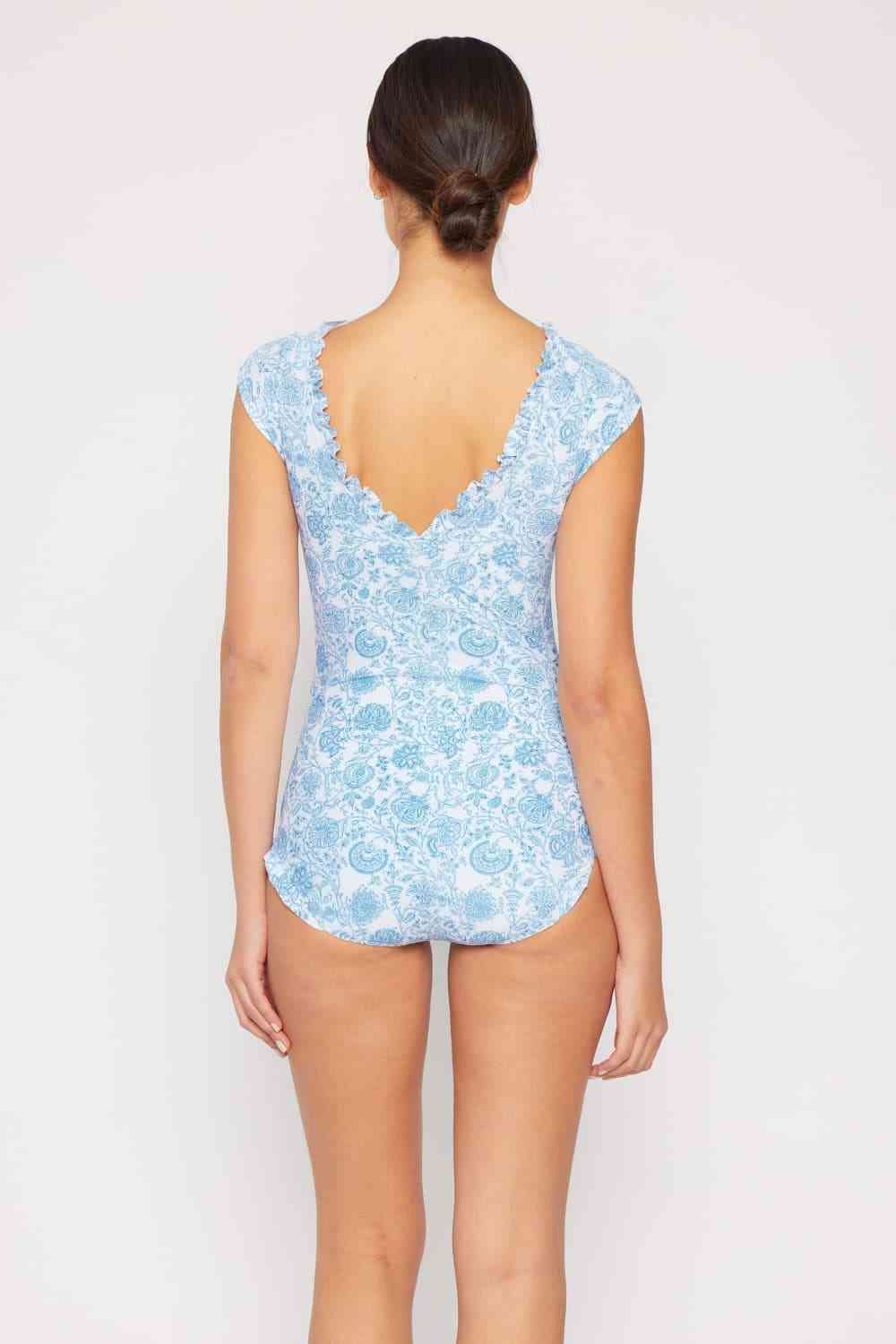 Floral Elegance V-Neck One Piece in Thistle Blue