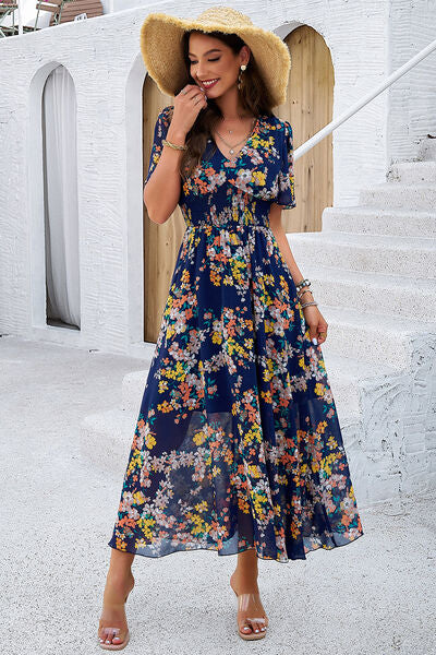 Smocked Floral V Neck Short Sleeve Dress