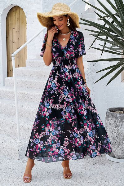 Smocked Floral V Neck Short Sleeve Dress