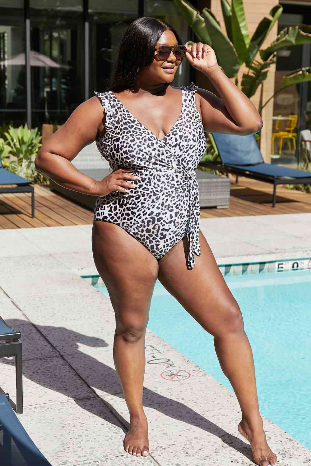 Marina West Float On Ruffle Faux Wrap One Piece in Cat