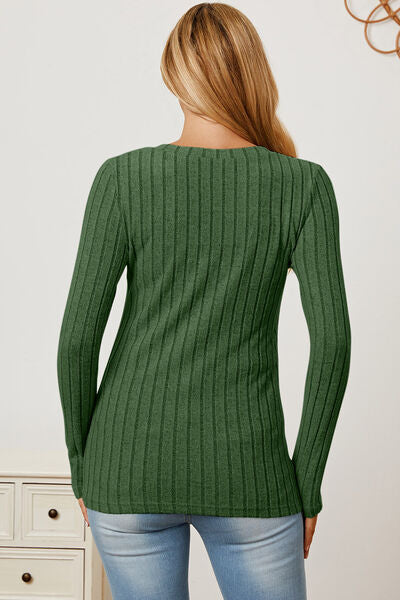 Basic Bae Full Size Ribbed V Neck Long Sleeve Tee Shirt