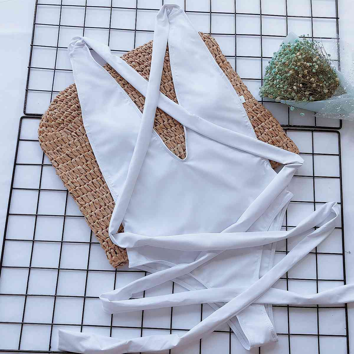 Halter Neck Deep V Tied One Piece Swimsuit