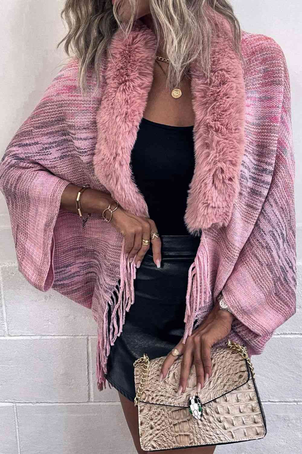 Open Front Fringe Hem Poncho in multicolor, Fringe