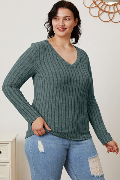 Basic Bae Full Size Ribbed V Neck Long Sleeve Tee Shirt