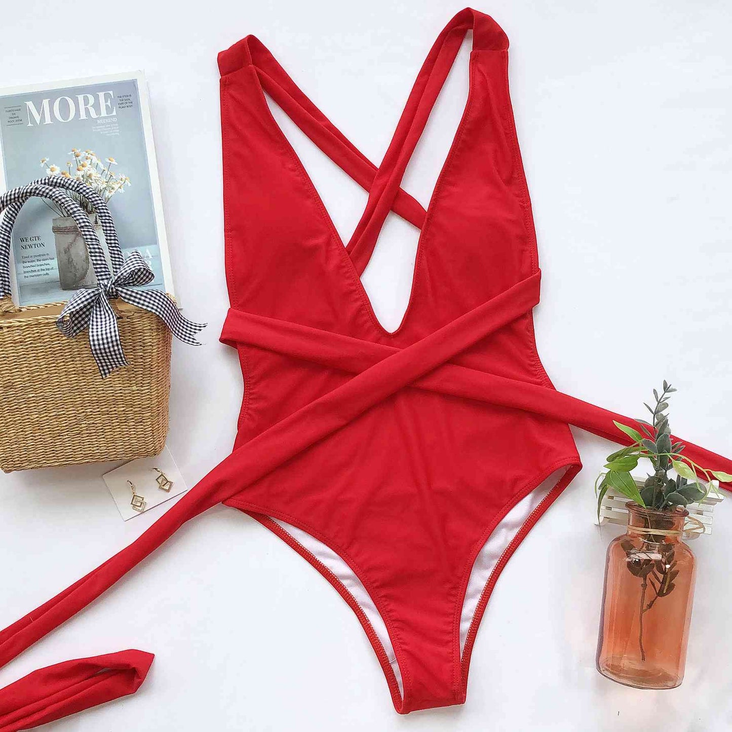 Halter Neck Deep V Tied One Piece Swimsuit