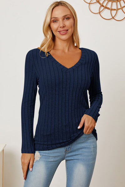 Basic Bae Full Size Ribbed V Neck Long Sleeve Tee Shirt