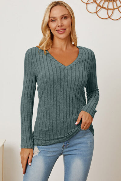 Basic Bae Full Size Ribbed V Neck Long Sleeve Tee Shirt