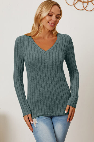 Basic Bae Full Size Ribbed V Neck Long Sleeve Tee Shirt