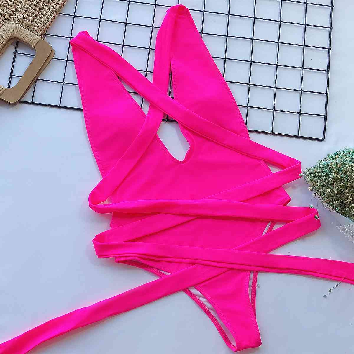 Halter Neck Deep V Tied One Piece Swimsuit