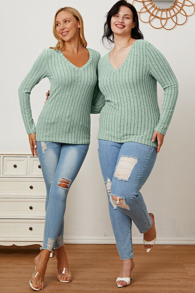 Basic Bae Full Size Ribbed V Neck Long Sleeve Tee Shirt
