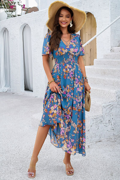 Smocked Floral V Neck Short Sleeve Dress