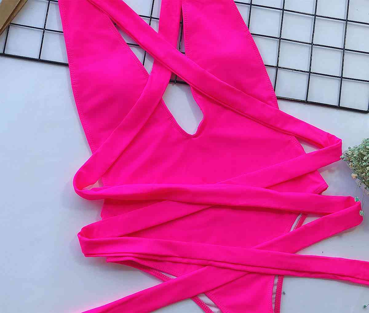Halter Neck Deep V Tied One Piece Swimsuit