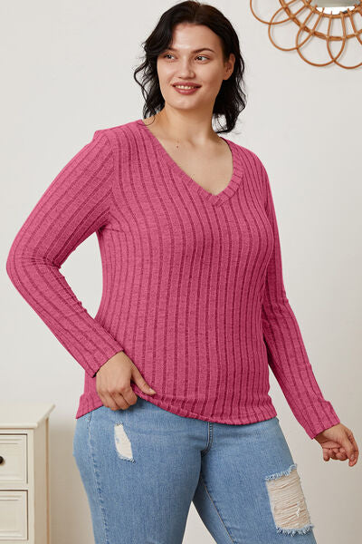 Basic Bae Full Size Ribbed V Neck Long Sleeve Tee Shirt