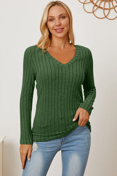 Basic Bae Full Size Ribbed V Neck Long Sleeve Tee Shirt