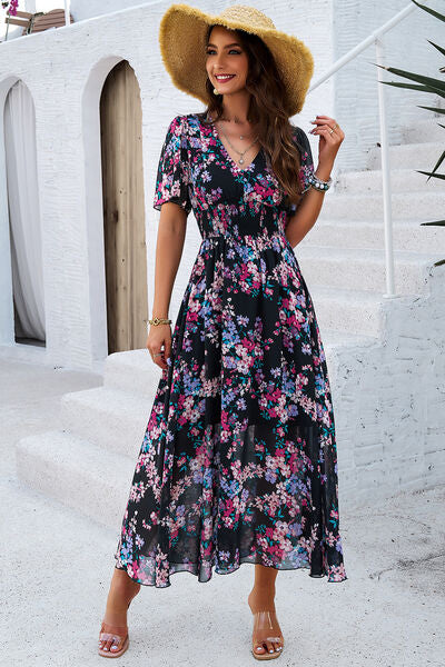 Smocked Floral V Neck Short Sleeve Dress
