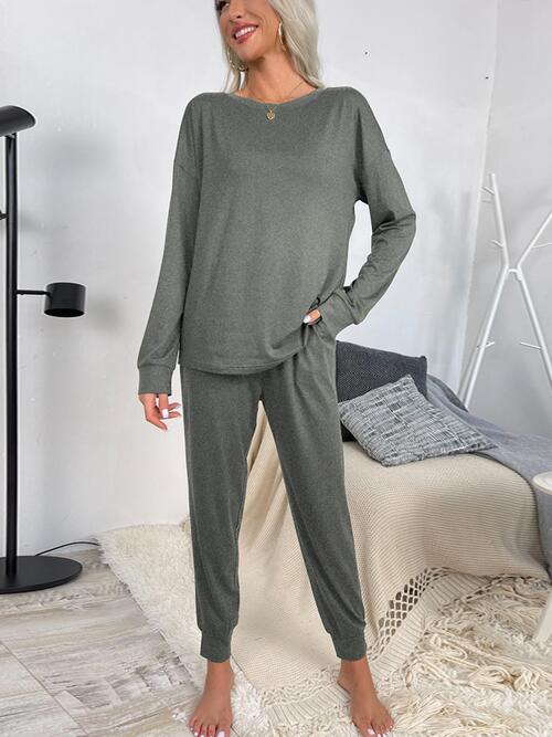 Drawstring Pants and Round Neck Top Lounge Set