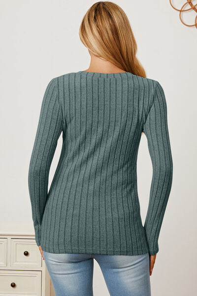 Basic Bae Full Size Ribbed V Neck Long Sleeve Tee Shirt