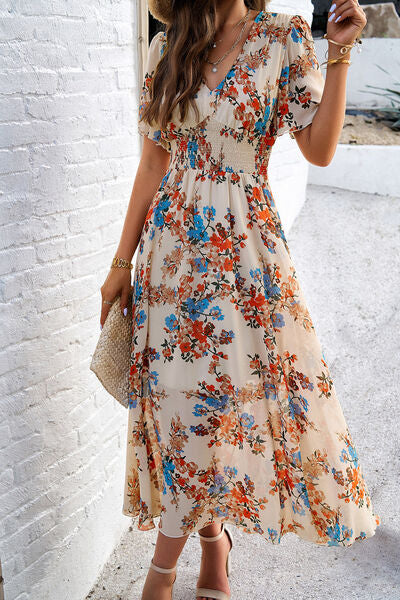 Smocked Floral V Neck Short Sleeve Dress