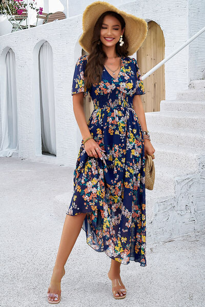Smocked Floral V Neck Short Sleeve Dress