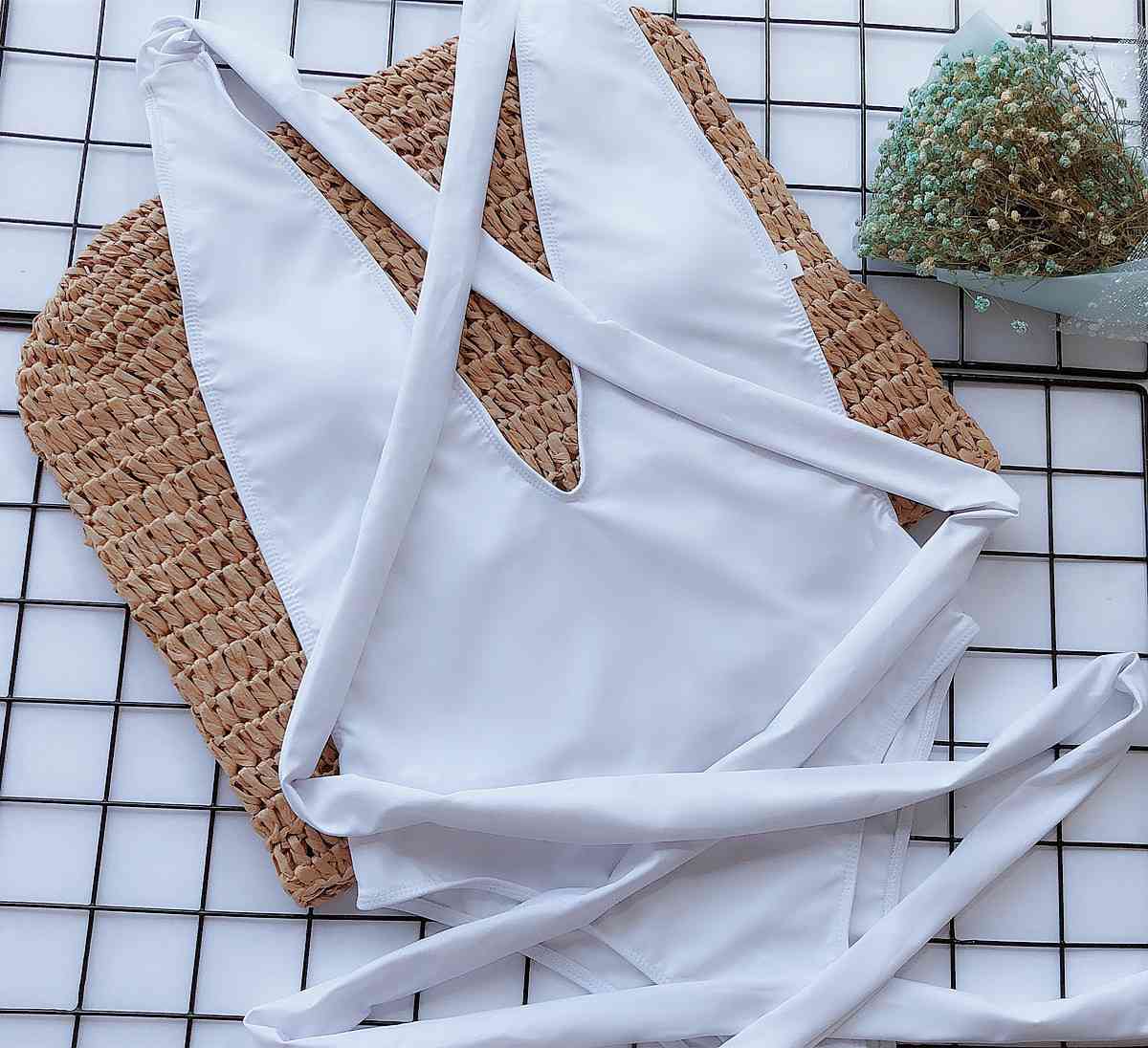 Halter Neck Deep V Tied One Piece Swimsuit