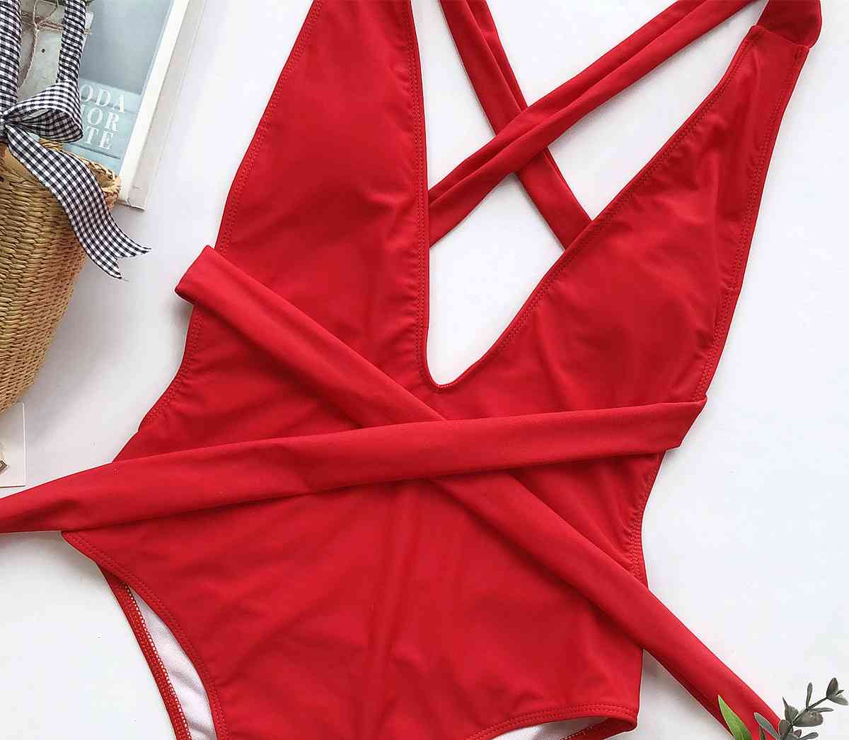 Halter Neck Deep V Tied One Piece Swimsuit