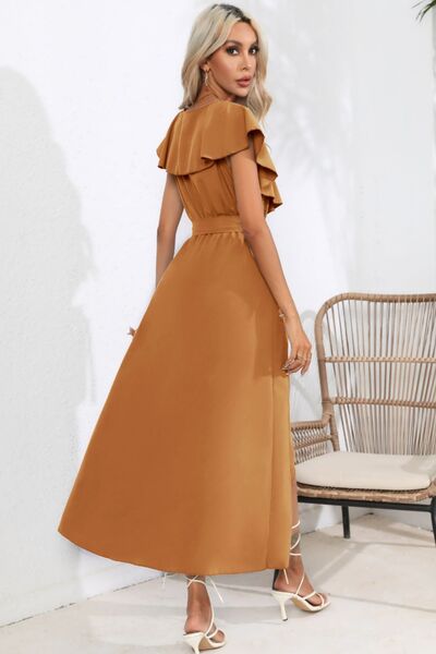 Ruffled Tied V Neck Midi Dress