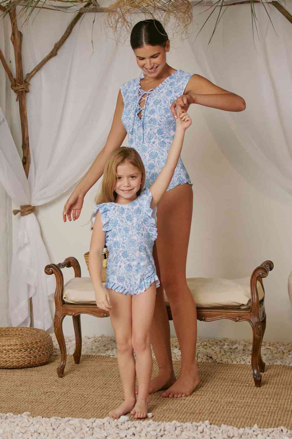 Floral Elegance V-Neck One Piece in Thistle Blue