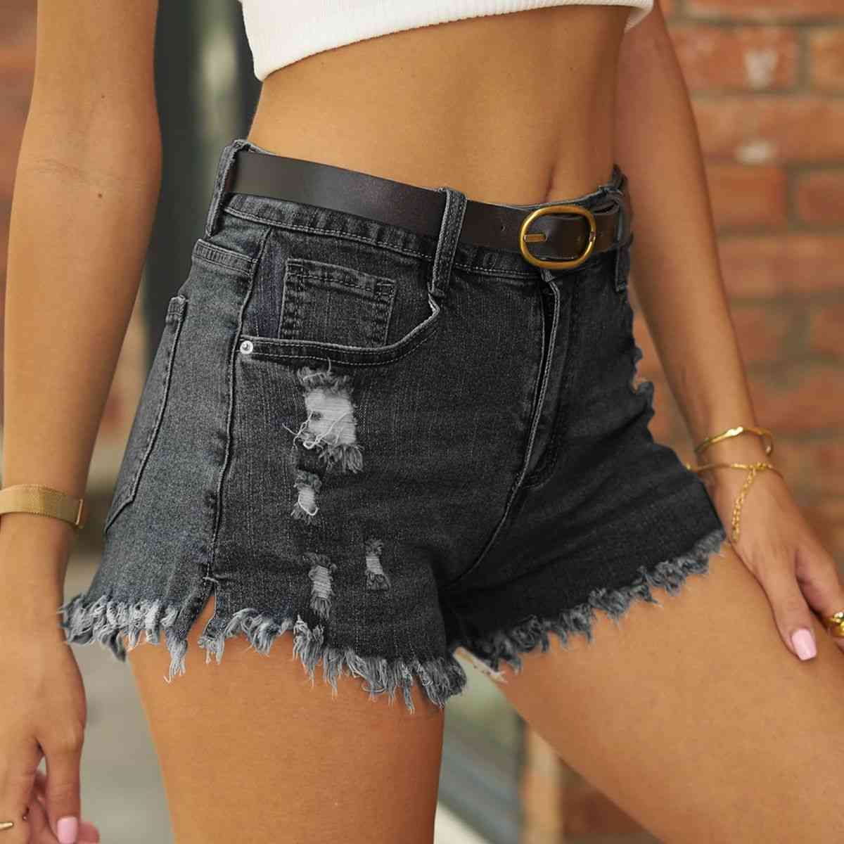 Raw Hem Distressed Casual Denim Shorts