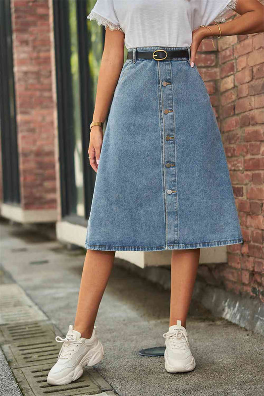 Button Front A Line Denim Skirt