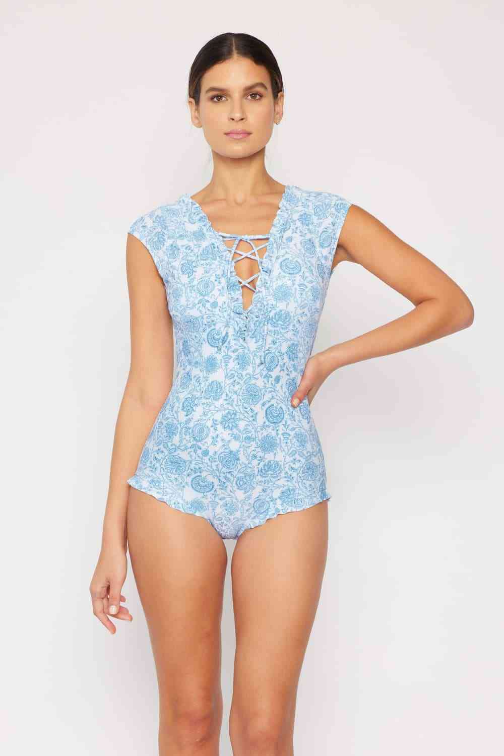 Floral Elegance V-Neck One Piece in Thistle Blue