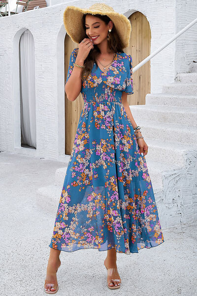 Smocked Floral V Neck Short Sleeve Dress