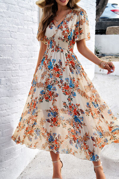 Smocked Floral V Neck Short Sleeve Dress