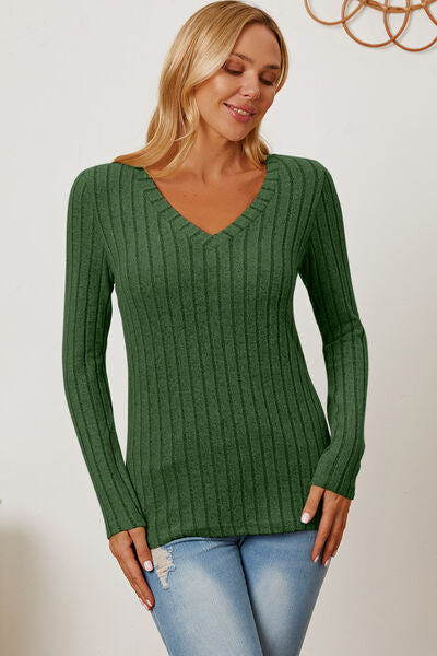 Basic Bae Full Size Ribbed V Neck Long Sleeve Tee Shirt